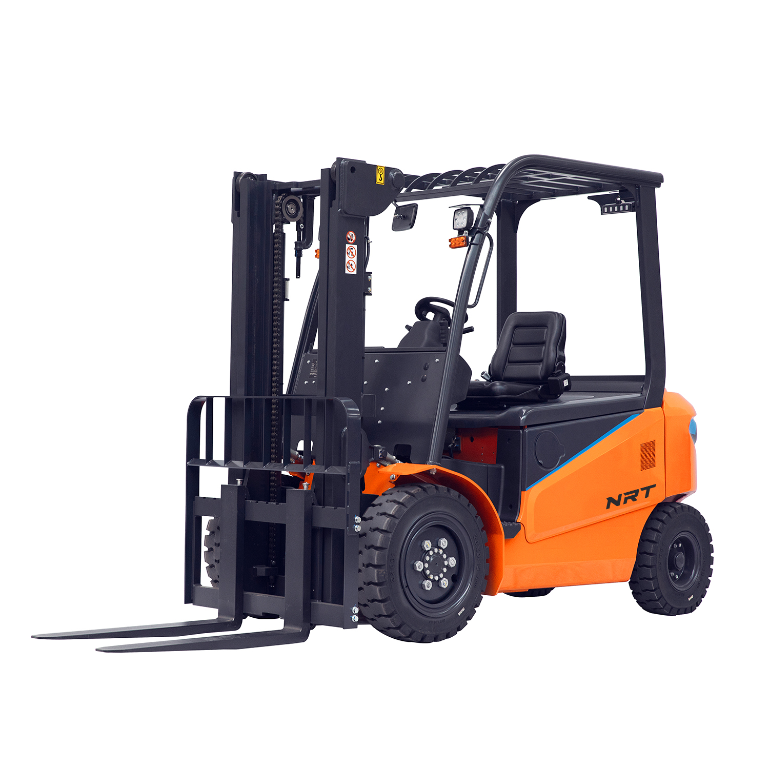 Warehouse material handling forklift operating in narrow aisles