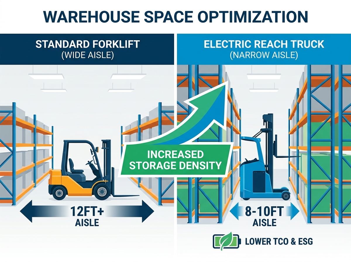 Electric reach trucks operating in a high-density warehouse
